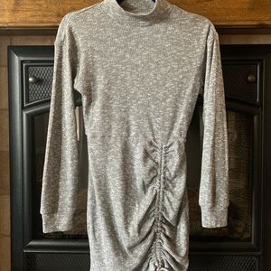 Gray mini mock neck sweaterdress side shirred